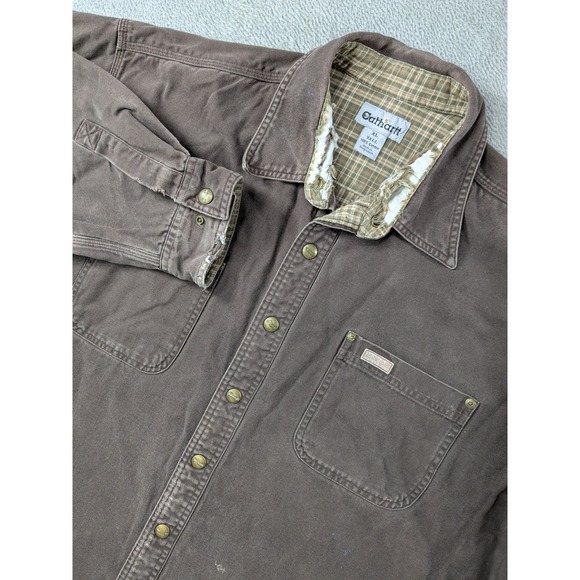 Carhartt Other - Carhartt Mens XL Tall Brown Canvas Shirt Jacket Plaid Lined Distressed Workwear